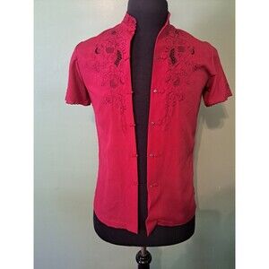 VINTAGE CHINESE RED SILK WOMEN'S SIZE 34 SNAP FRONT EMBROIDERED EMBROIDERY!